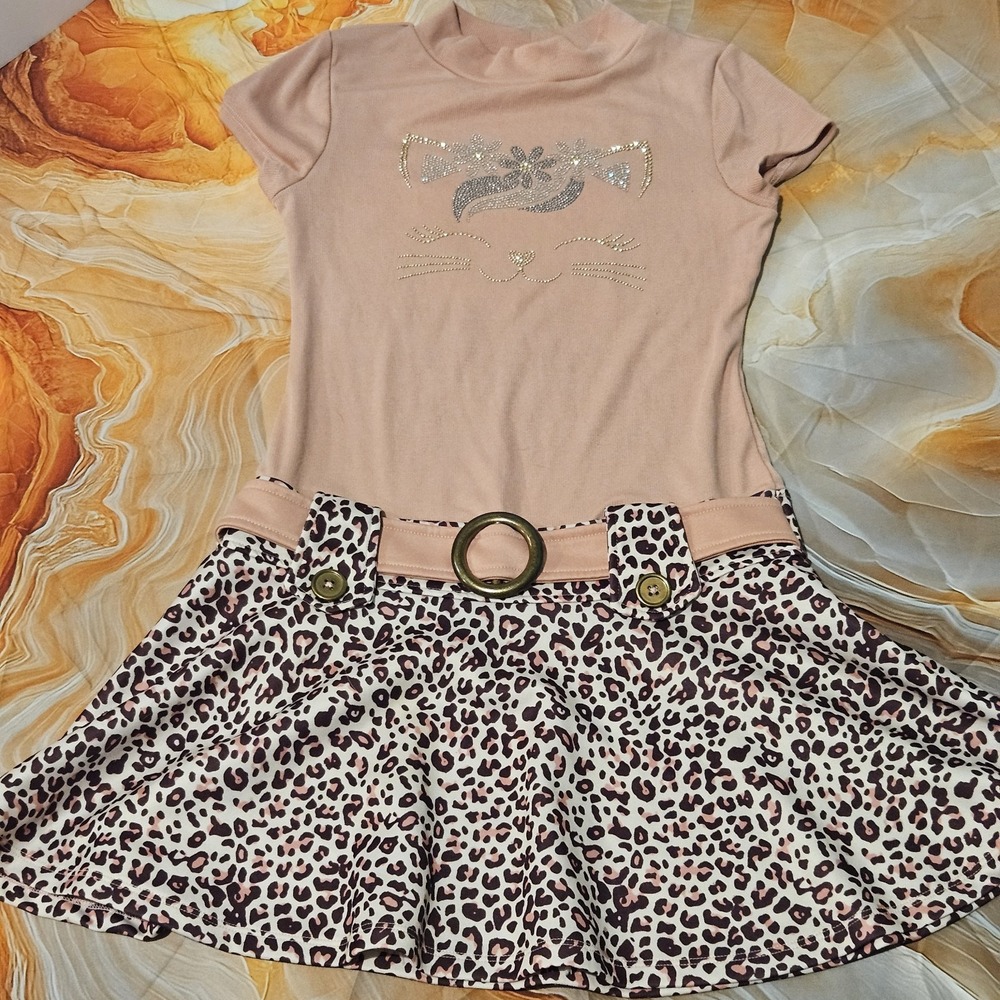 Berkley Jensen Girls Cheetah Leopard Cat Dress Size 12 Belted Rhinestone